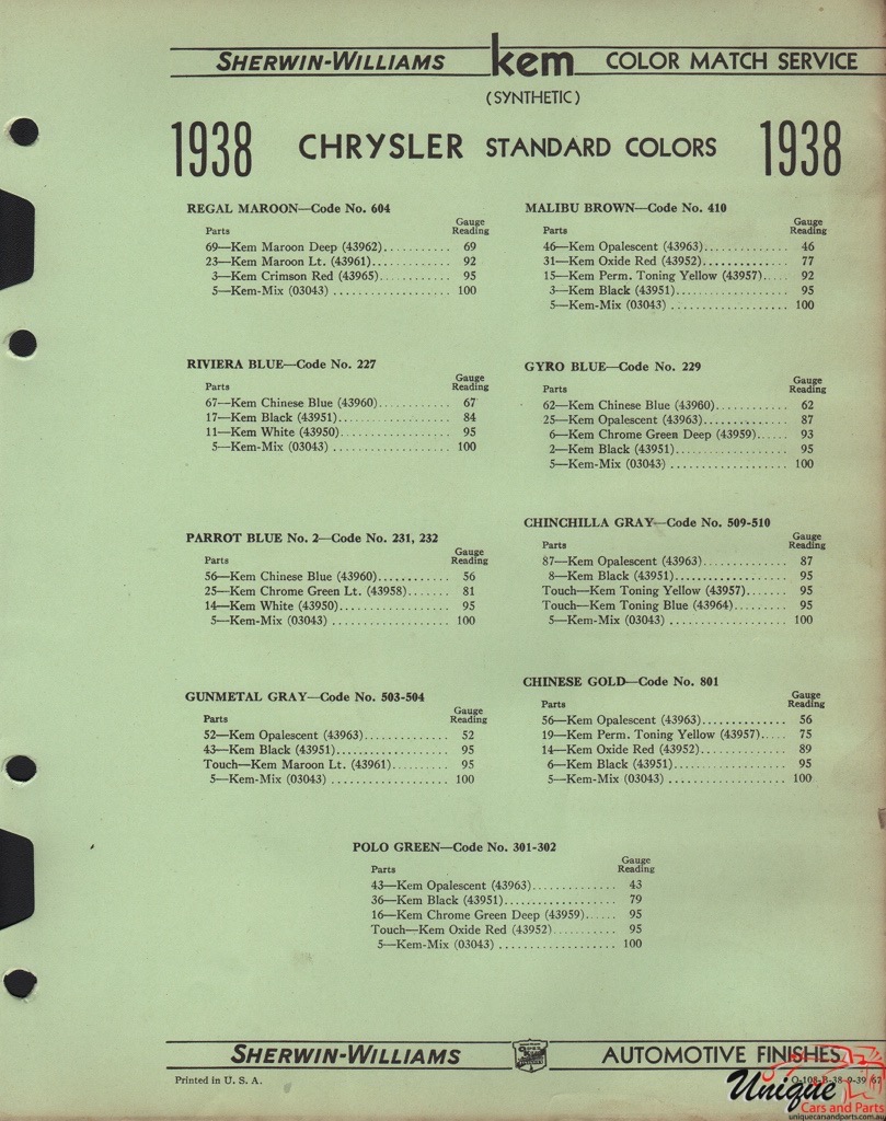 1938 Chrysler Paint Charts Williams 3